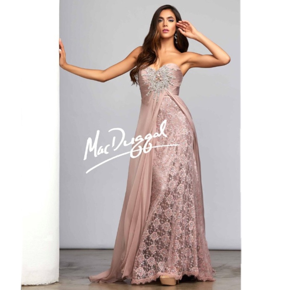 Mac Duggal Pink Silk Beaded Strapless Sparkle Lace Prom‎ Formal Gown Size 4